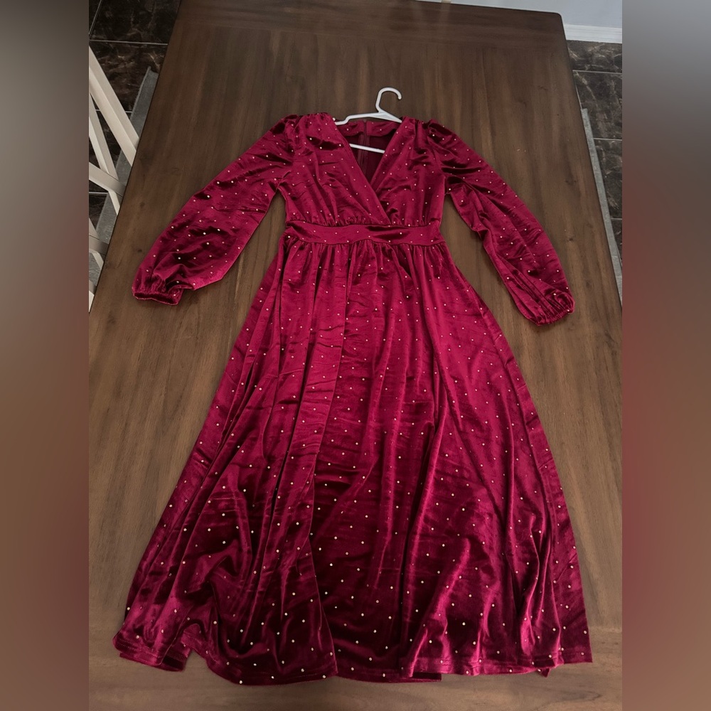 Shein Red Velvet Dress with Gold Accents Small